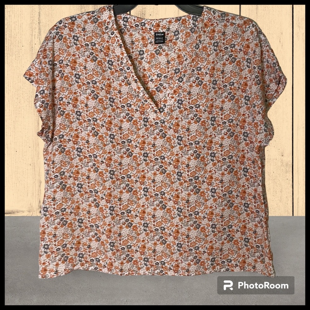 SHEIN Orange Floral Deep V Neck top